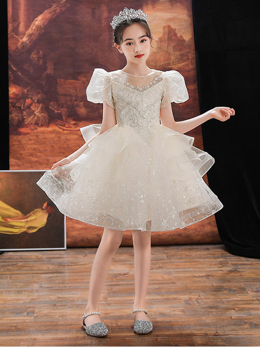 Elegant A Line Illusion Neck Puff Sleeve Zip Back Knee Length Girls Dress