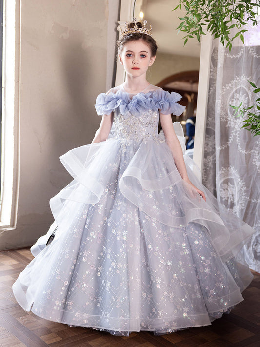 Dreamy Ball Gown Round Neck Ruffle Sleeve Closed Back Floor Length Pageant Dress