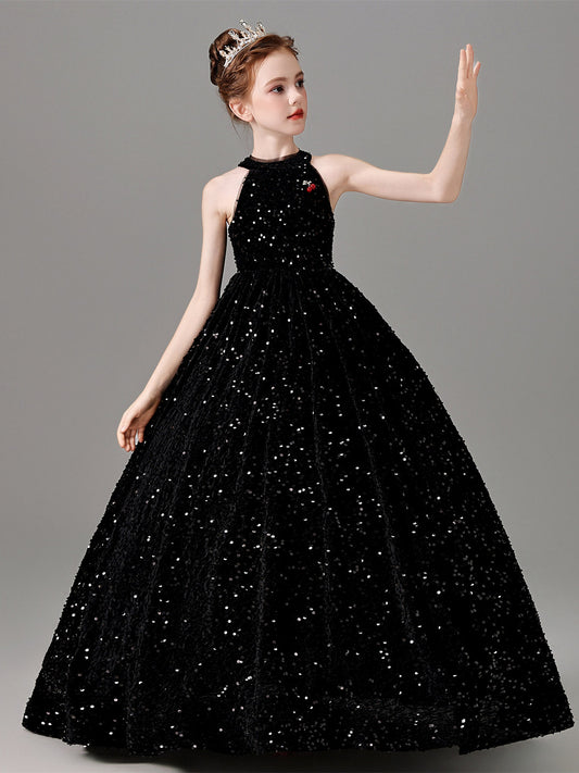 Glamorous Ball Gown Halter Sleeveless Closed Back Floor Length Pageant Dress