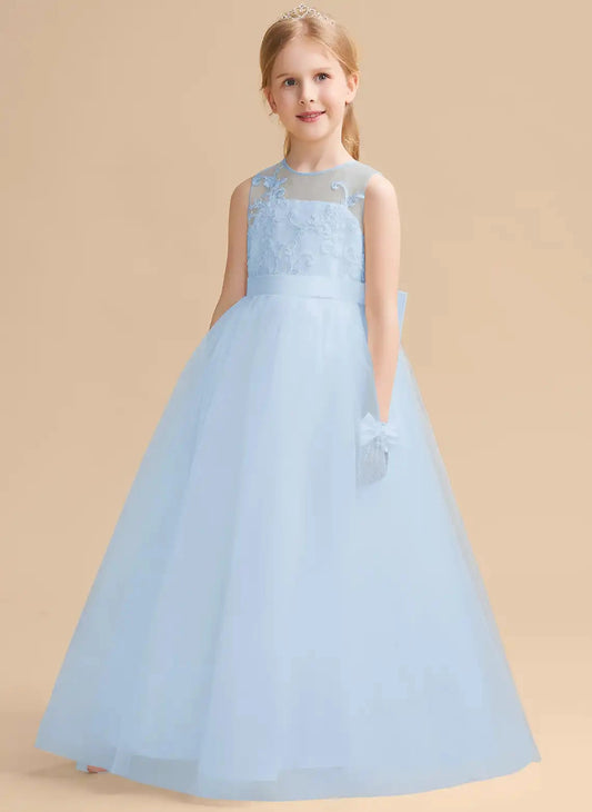 Elegant A-Line Round Neck Sleeveless Illusion Back Floor Length First Communion Dress