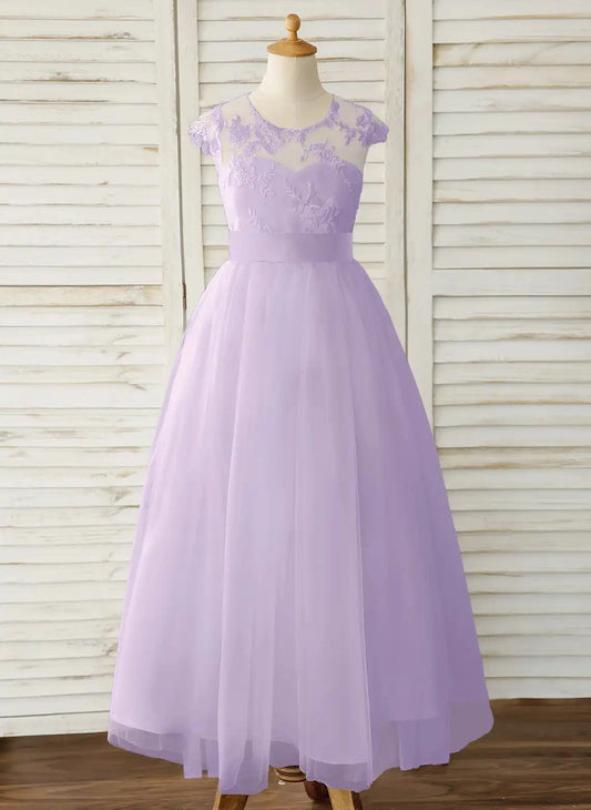 Elegant A-Line Illusion Neck Cap Sleeve Zipper Back Ankle Length First Communion Dress