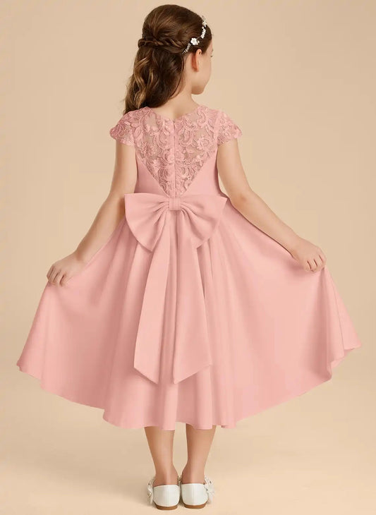 Elegant A Line Round Neck Cap Sleeve Lace Back Hi Low First Communion Dress