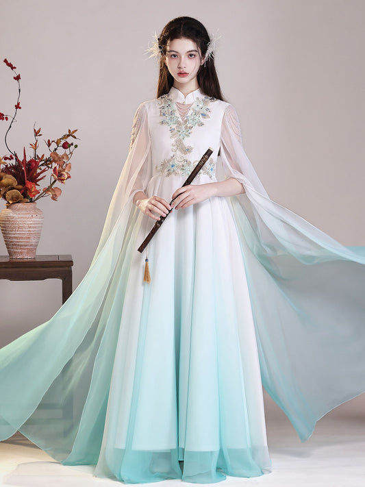 Elegant A Line Mandarin Neck Cape Sleeve Bow Back Floor Length Pageant Dress