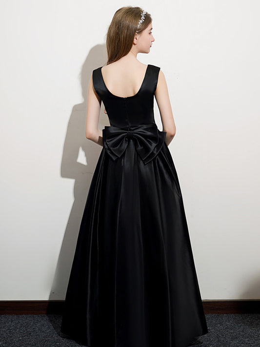 Elegant A Line Square Neck Sleeveless Bow Back Floor Length Girls Dress