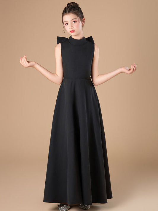 Elegant A Line High Neck Sleeveless Bow Back Floor Length Girls Dress