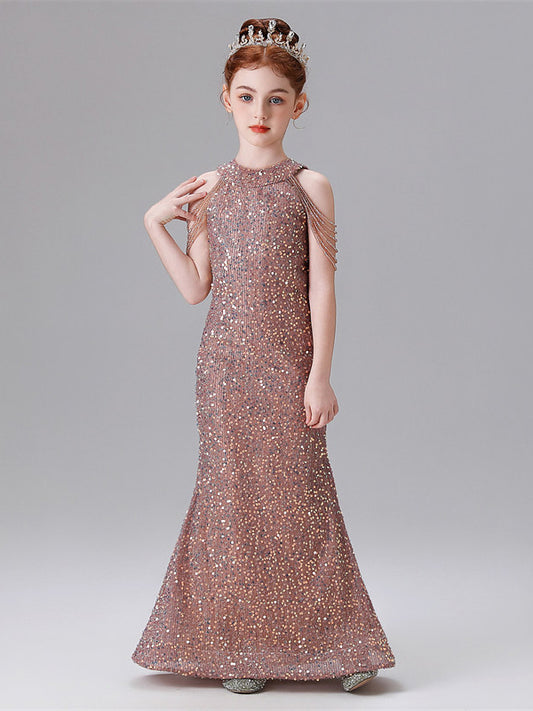 Glamorous Mermaid Halter Sleeveless Beaded Back Floor Length Pageant Dress