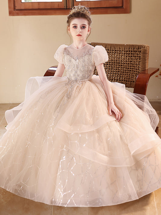 Elegant Ball Gown Round Neck Puff Sleeve Closed Back Floor Length Pageant Dress