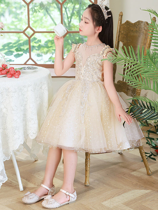 Sparkling A Line Illusion Neck Ruffle Sleeve Zip Back Tea Length Pageant Dress