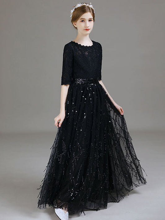 Elegant A Line Round Neck Elbow Sleeve Closed Back Floor Length Junior Bridesmaid Dress