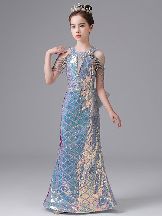 Iridescent Mermaid Halter Sleeveless Bow Back Floor Length Girls Pageant Dress
