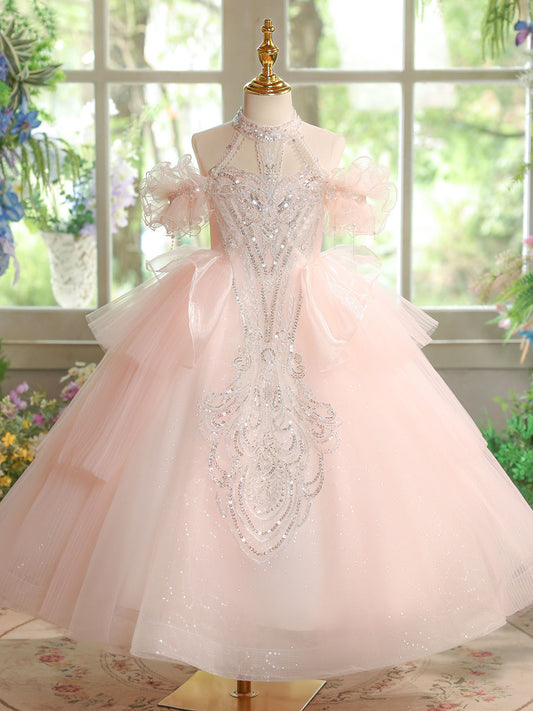 Sparkling Ball Gown High Neck Ruffle Sleeve Lace Up Girls Pageant Dress
