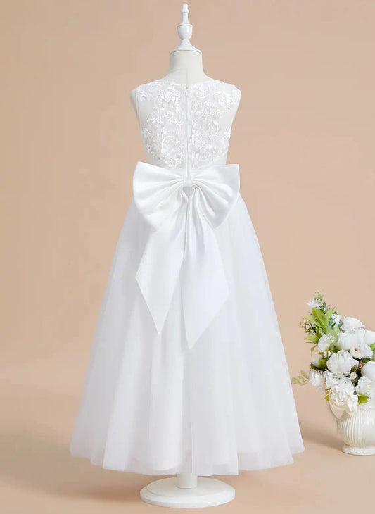 Elegant A?Line Round Neck Sleeveless Lace Bow Back Ankle?Length First Communion Dress