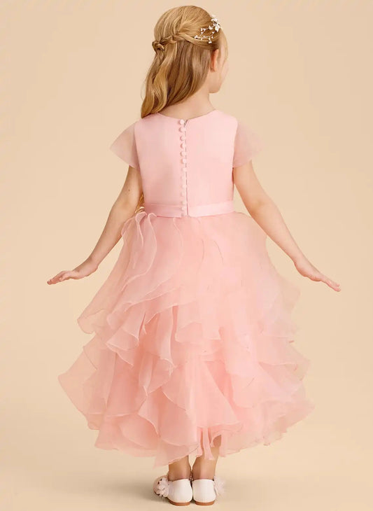Romantic A Line Round Neck Short Sleeve Button Back Maxi Flower Girl Dress