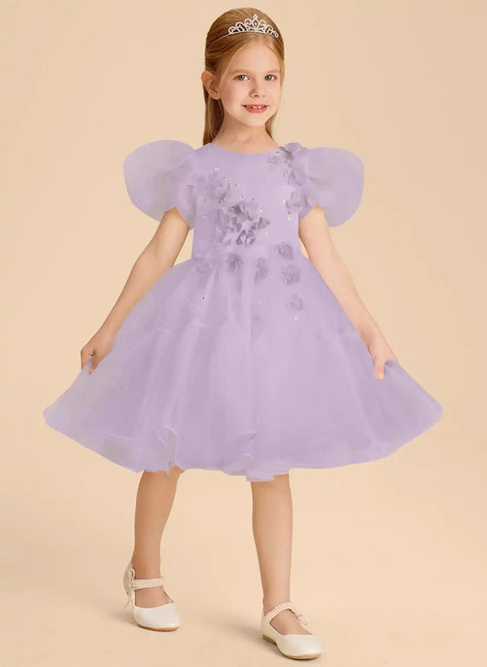 Elegant A?Line Round Neck Puff Sleeve Zipper?Back Knee?Length Flower Girl Dress
