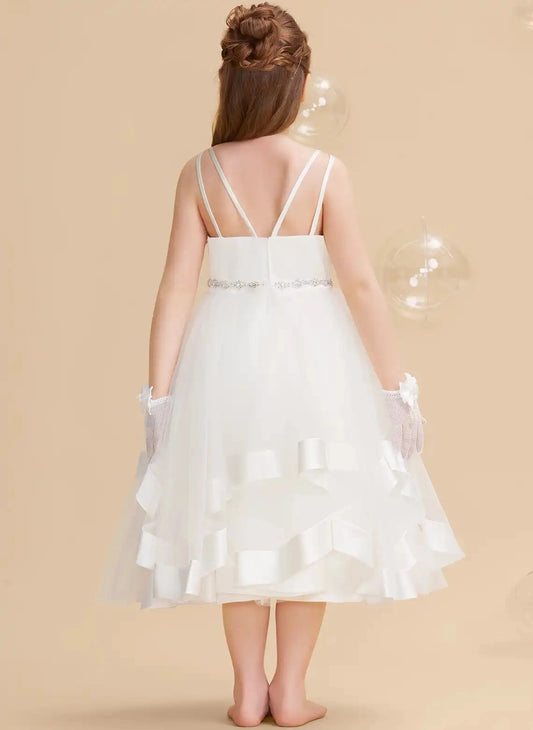 Elegant A Line Square Neck Sleeveless Open Back Tea Length Flower Girl Dress