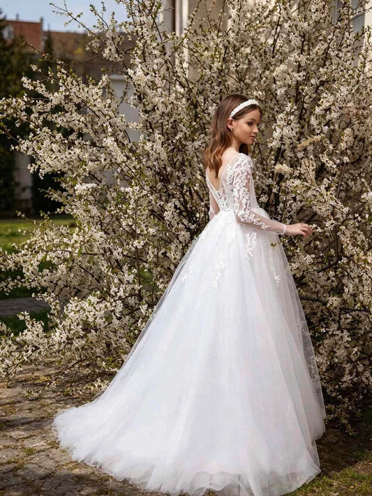 Elegant A?Line V?Neck Long?Sleeve Deep V?Back Train First Communion Dress