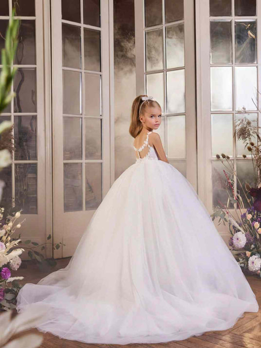 Luxury Ballgown Square Neck Long Sleeve Open Back Train First Communion Flower Girl Dress