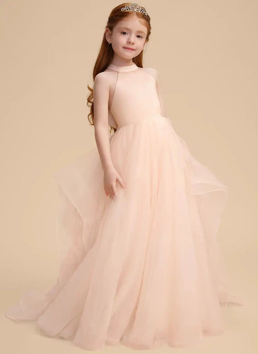 Elegant A-line Halter Sleeveless Open Back Bow Train Flower Girl Dress