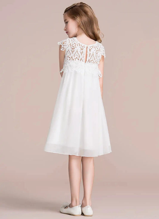 Elegant A Line Round Neck Lace Sleeve Keyhole Knee Length Flower Girl Dress