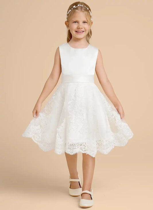 Elegant A-Line Round Neck Sleeveless V Back Knee Length First Communion Dress