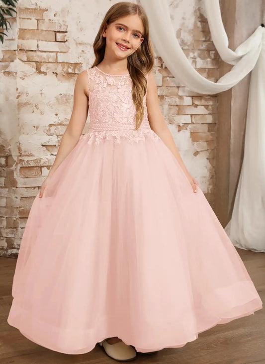 Elegant A?Line Round Neck Sleeveless V?Back Floor?Length Junior Bridesmaid Dress