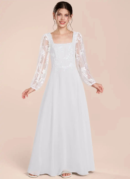 Elegant A?Line Square Neck Long Sleeve V?Back Floor Length First Communion Dress