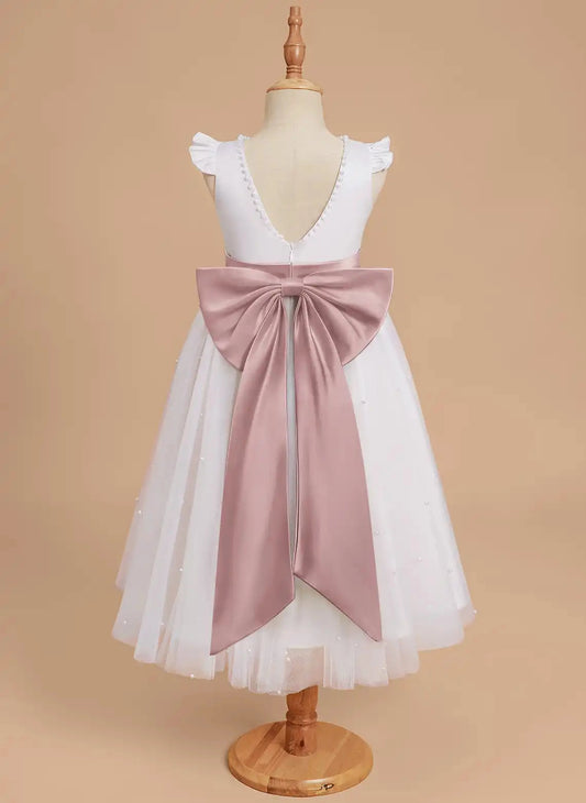 Elegant A Line Round Neck Ruffle Sleeve V Back Midi Flower Girl Dress