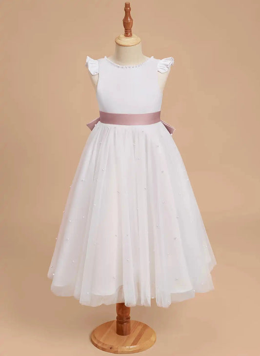 Elegant A Line Round Neck Ruffle Sleeve V Back Midi Flower Girl Dress