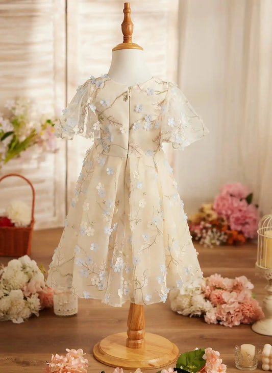 Elegant A Line Round Neck Flutter Sleeve Zip Back Knee Length Flower Girl Dress