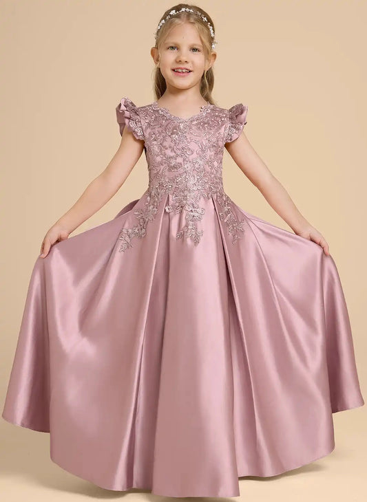 Elegant A?Line V?Neck Cap Flutter Sleeve Bow Back Floor?Length Junior Bridesmaid Dress
