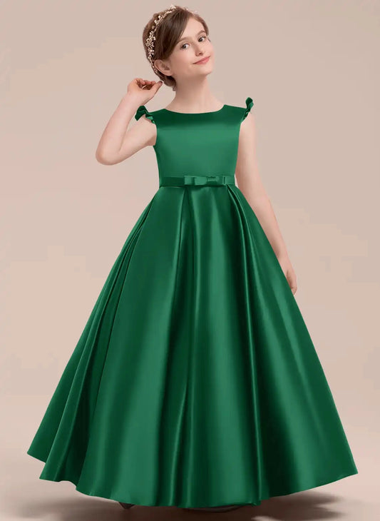 Elegant A-Line Boat Neck Flutter Sleeve V-Back Floor Length Communion Dress