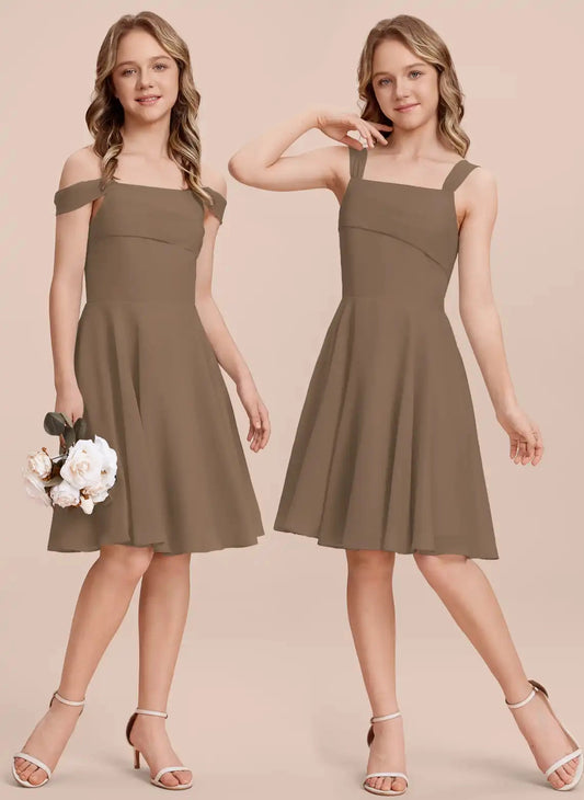 Elegant A Line Off Shoulder Square Sleeveless Zipper Back Knee Length Junior Bridesmaid Dress