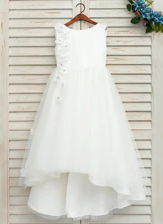 Elegant A Line Round Neck Sleeveless V Back High Low Flower Girl Dress