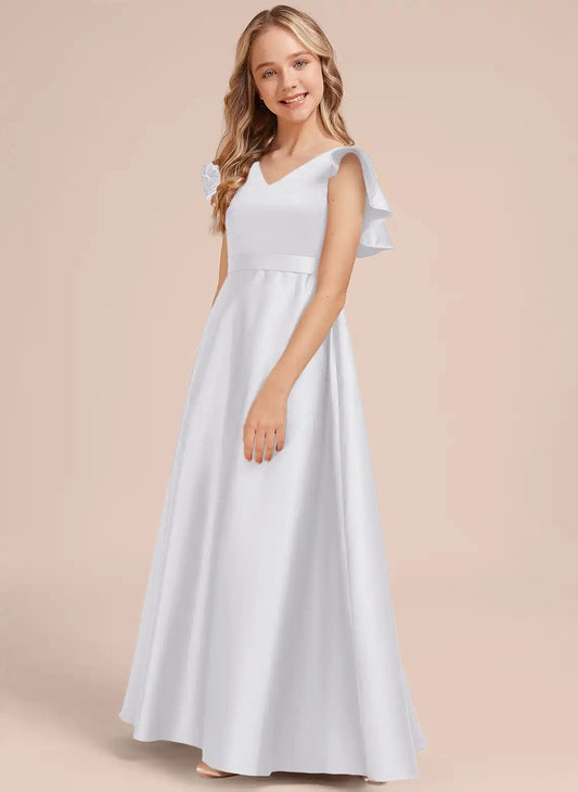 Elegant A?Line V?Neck Ruffle Sleeve Crisscross Back Floor?Length Junior Bridesmaid Dress