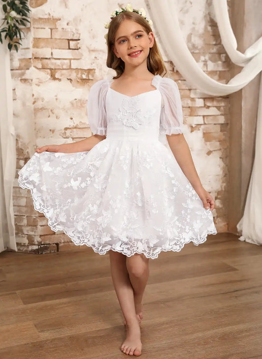 White A?Line Sweetheart Puff Sleeve Zipper?Back Knee?Length First Communion Dress