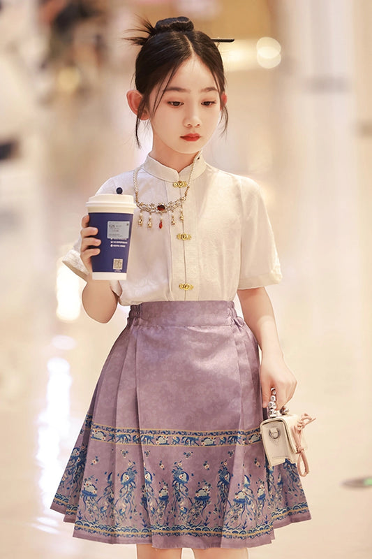 Elegant A Line Mandarin Collar Short Sleeve Closed Back Knee Length Girls Dress Set