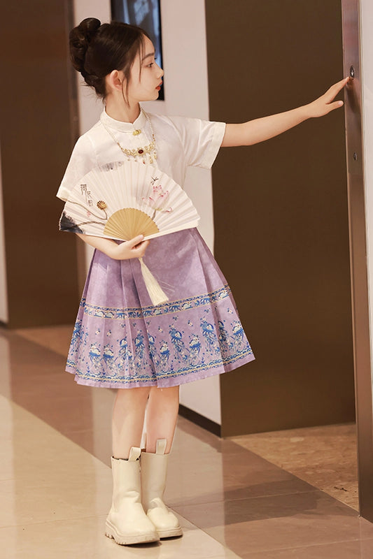 Elegant A Line Mandarin Collar Short Sleeve Closed Back Knee Length Girls Dress Set
