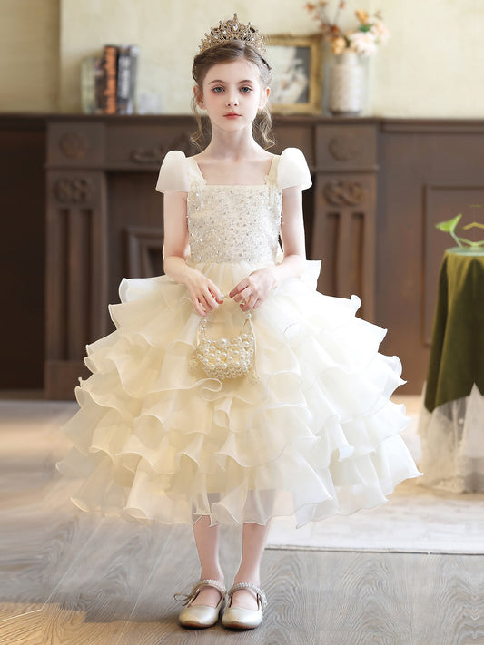 Elegant A-Line Square Neck Puff Sleeve Bow Back Tea-Length Flower Girl Dress