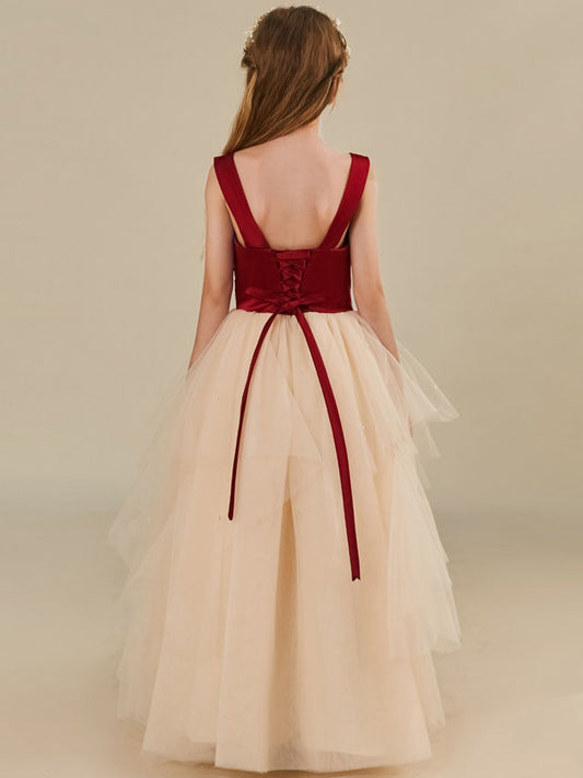 Elegant A Line Square Neck Sleeveless Lace Up Floor Length Flower Girl Dress