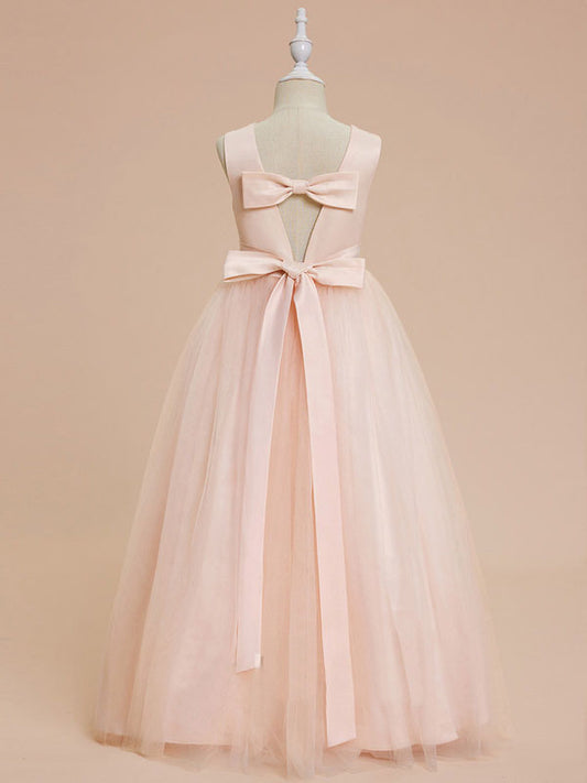 Elegant A Line Round Neck Sleeveless Bow Back Floor Length Flower Girl Dress