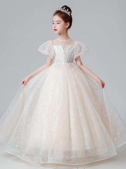 Elegant Ball Gown Illusion Neck Puff Sleeve Floor Length Princess Dress
