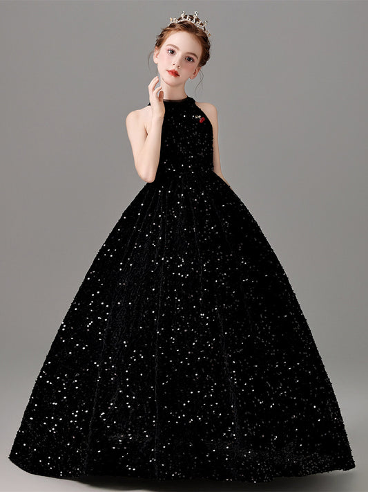 Glamorous Ball Gown Halter Sleeveless Closed Back Floor Length Pageant Dress