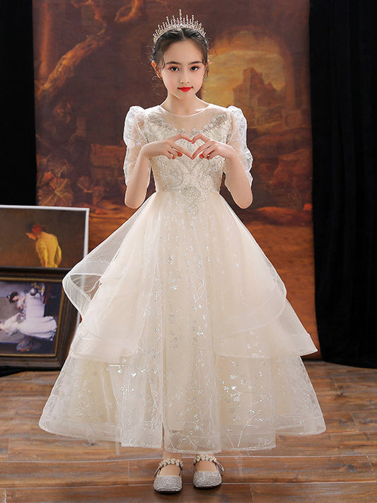 Elegant A Line Round Neck Puff Sleeve Zip Back Ankle Length Flower Girl Dress