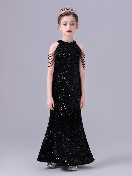 Glamorous Mermaid Halter Sleeveless Draped Back Floor Length Pageant Dress