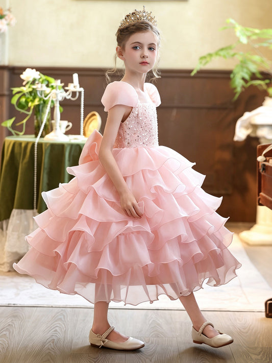 Elegant A Line Square Neck Cap Sleeve Bow Back Midi Pageant Dress