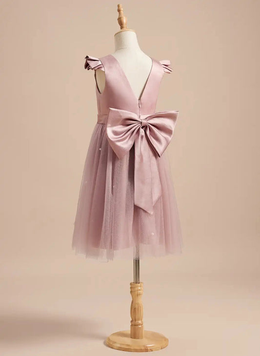 Dusty Pink A Line Round Neck Flutter Sleeve V Back Knee Length Flower Girl Dress