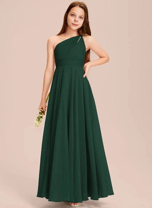 Elegant A Line One Shoulder Sleeveless Cutout Back Floor Length Junior Bridesmaid Dress