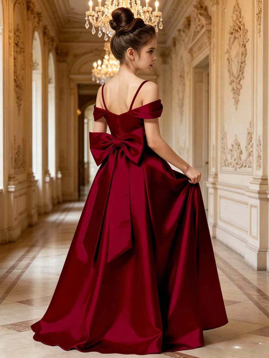 Luxury A-Line Off Shoulder V Neck Open Back Bow Long Flower Girl Dress