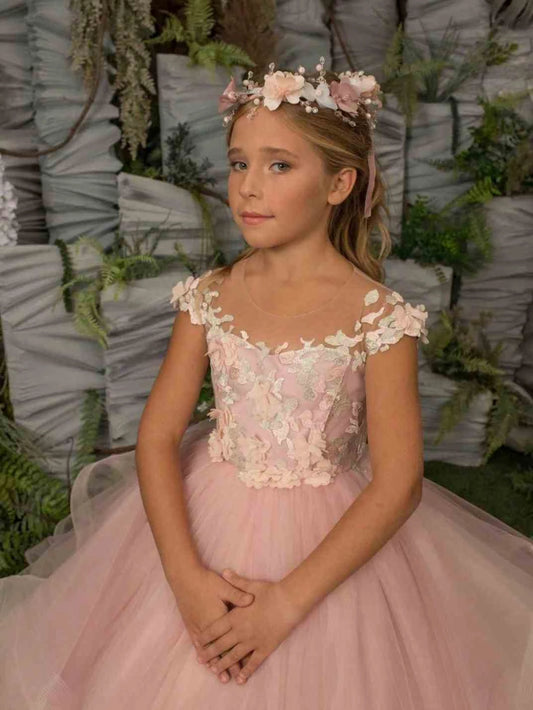 Blush Ballgown Off Shoulder Cap Sleeve Illusion Back Train Flower Girl Dress