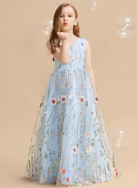 Floral A-line V-neck Sleeveless Open Back Long Flower Girl Dress